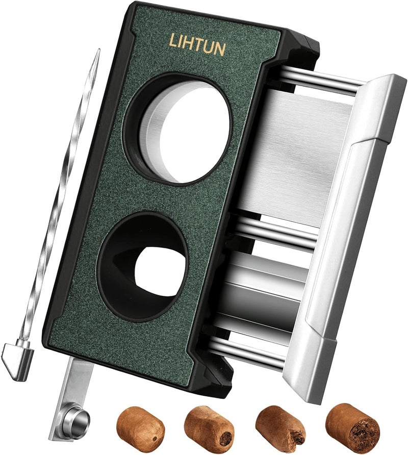 LIHTUN Cigar Cutter Guillotine 4 in 1 One Touch Straight Cut V Cutter with Cigar Punch Cigar Draw Enhancer, Stainless Steel Double Blade Cigar Clippers, Cuts Up to 60 Ring Gauge Cigars, Gift for Men - Image 1